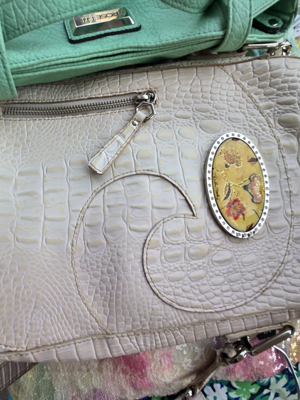 Debbie Brooks Cream Crock Embossed Italian Leather Multipocket Crossbody Bag